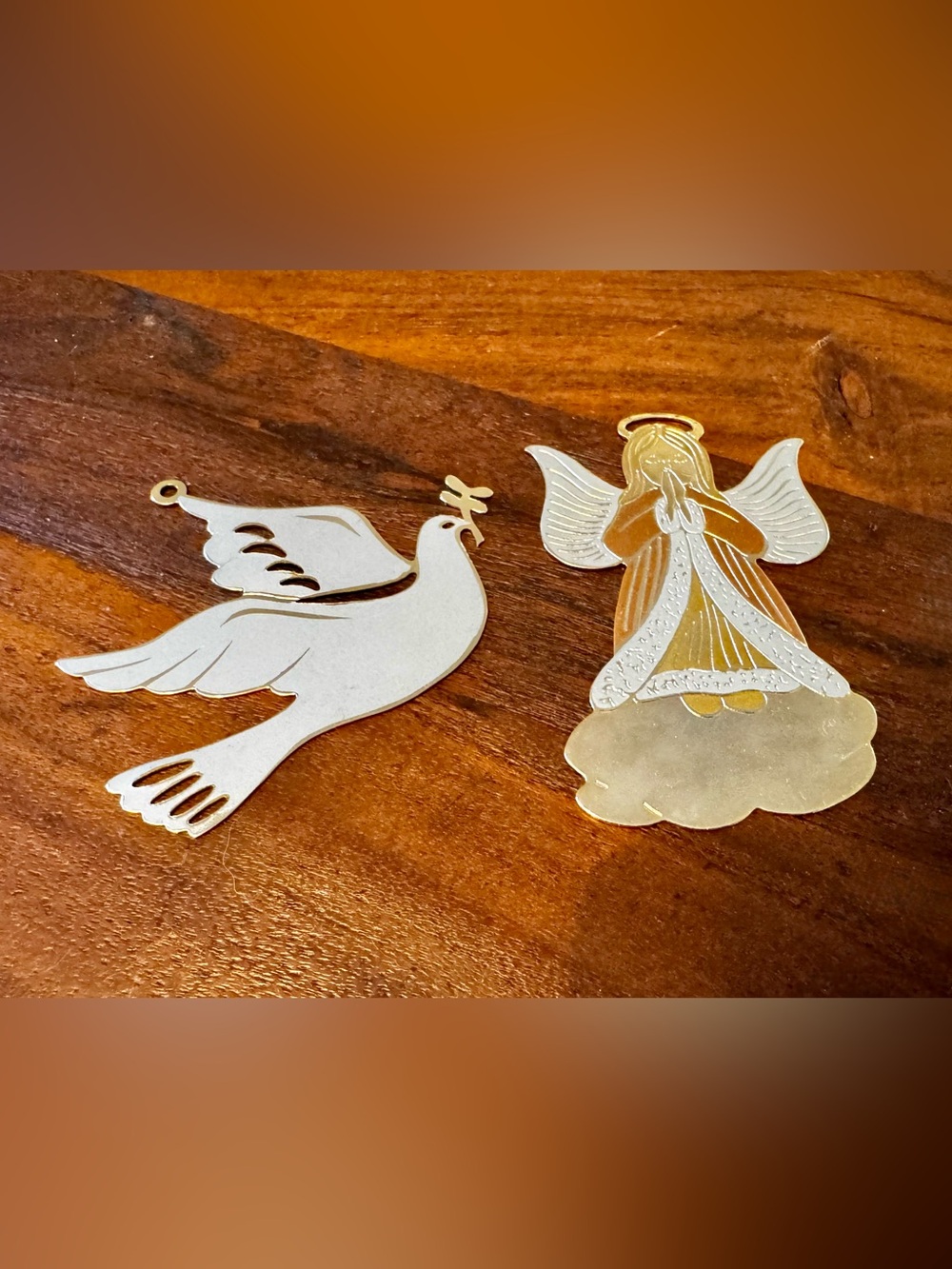 2 VTG Gloria Duchin 1987 & 1990 Gold White Tone Christmas Ornament Angel & Dove